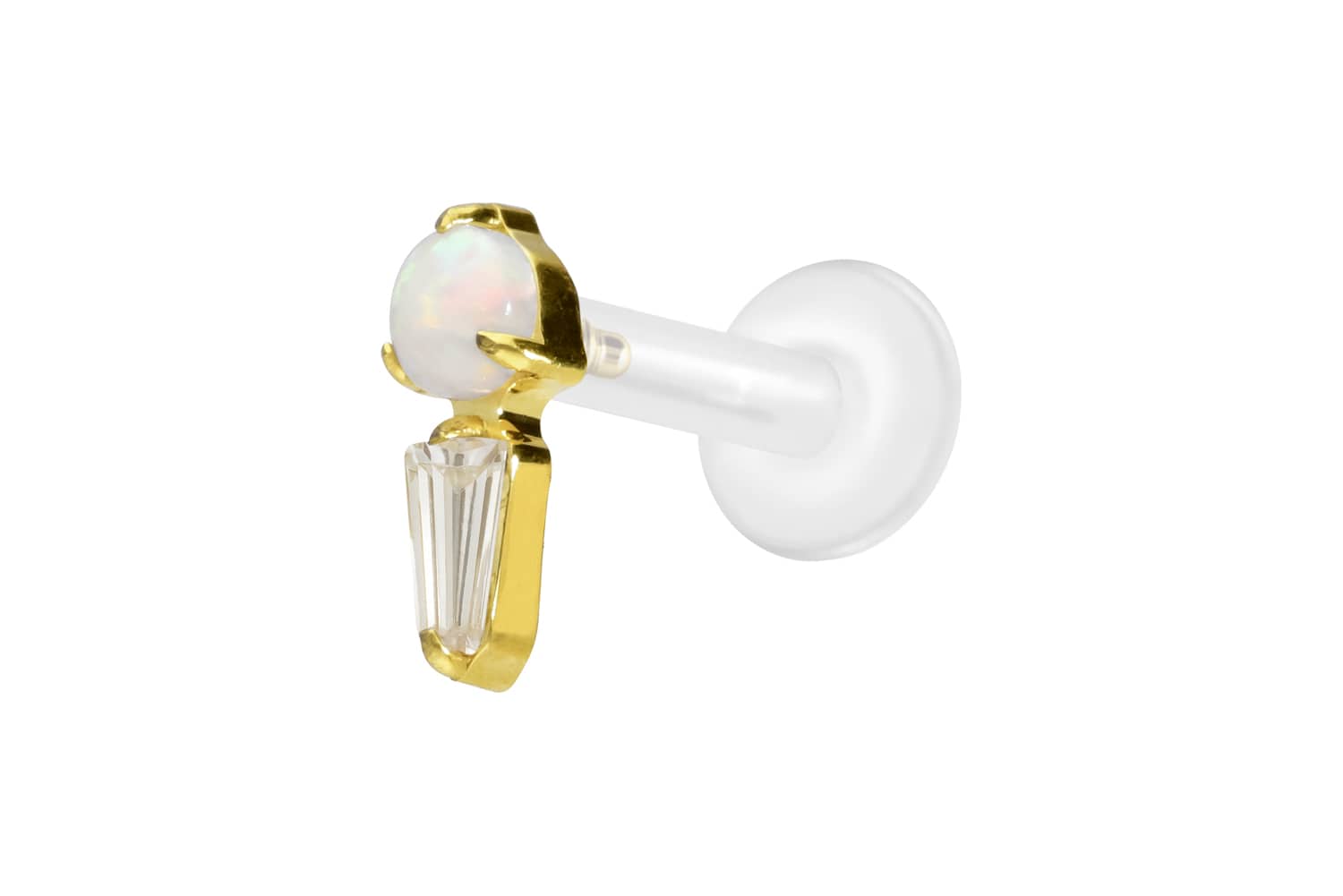 PTFE Labret Piercing mit Innengewinde + Titan-Aufsatz SYNTHETISCHER OPAL + KRISTALLRECHTECK
